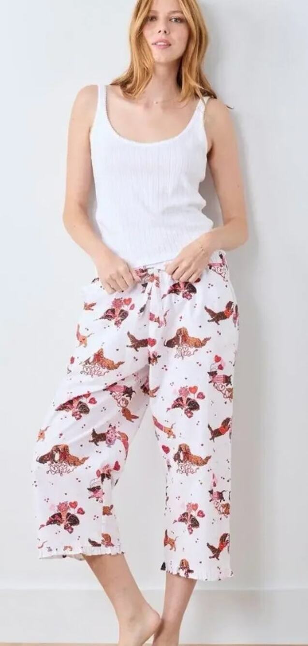 Printfresh Ruffle Cotton Cropped Pajama Pants Valentine Dachshund Date Small